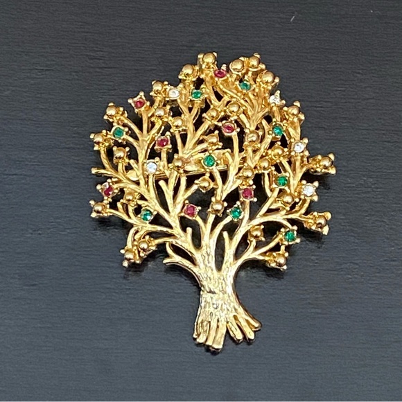 Vintage Unsigned Gold-tone Tree with Red Green & Clear Stones Brooch - Picture 8 of 9